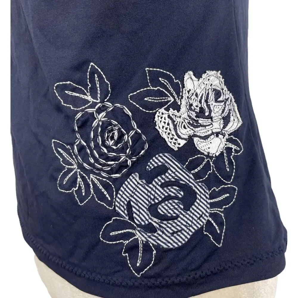 Becca Women's Size Small Floral Embroidered Crochet Strap Navy Tankini Swim Top